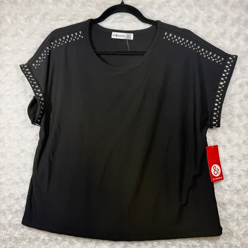 89th & Madison‎ Womens Size XL Black Studded Shoulder Short Sleeve Top NEW
